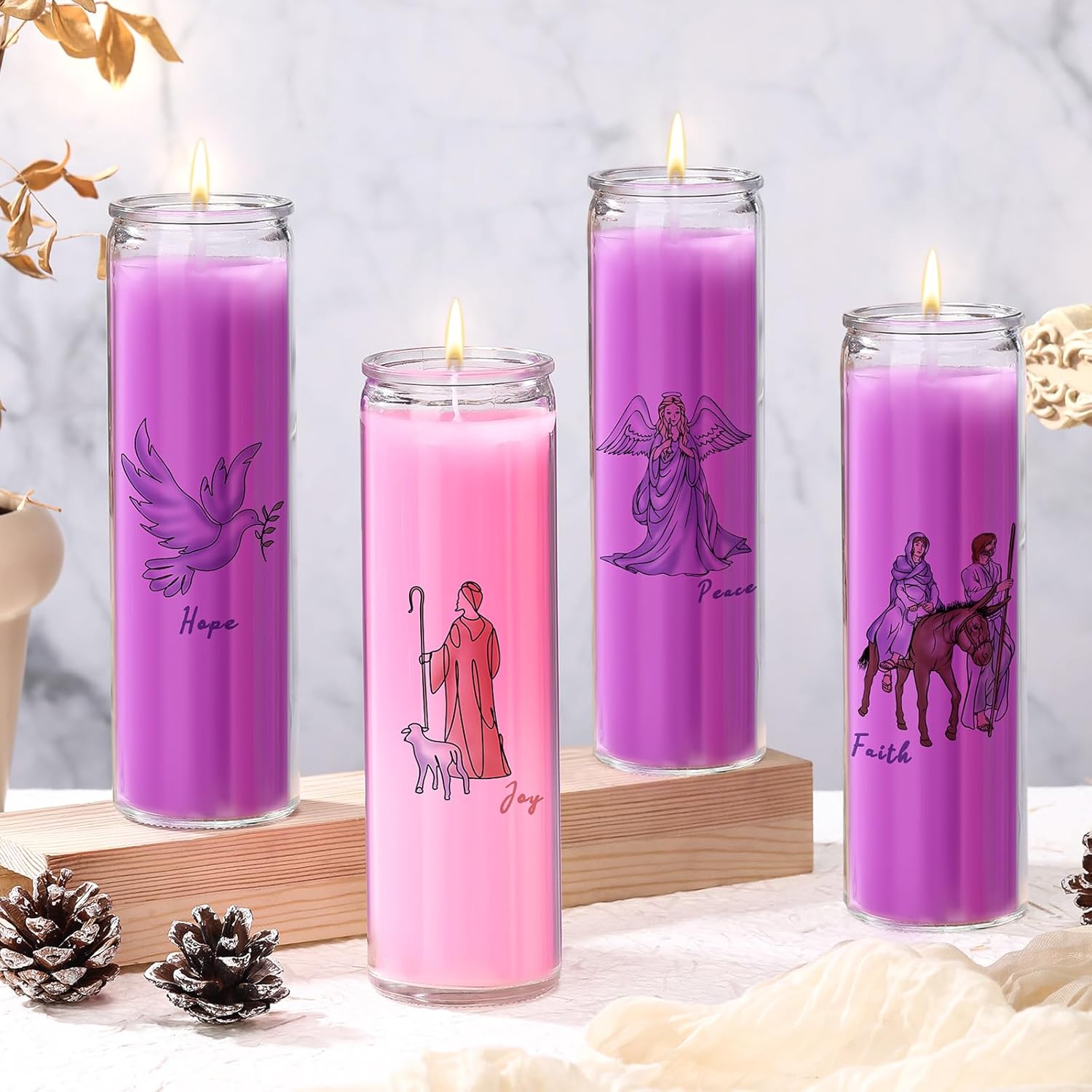 MTLEE 2.5 x 8 Inch Christmas Candle Set of 4 Unscented Pink Purple Candles Clear Glass Filled Advent Candles with Christmas Advent Stickers of Hope Faith Joy Peace for Xmas Holiday Gifting