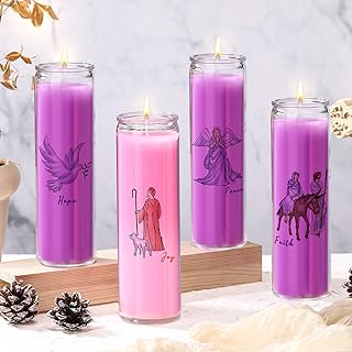 MTLEE 2.5 x 8 Inch Advent Candle Set of 4 Unscented Pink Purple Wreath Candles Clear Glass Filled Candles with Christmas Advent Stickers of Hope Faith Joy Peace for Xmas Holiday Gifting