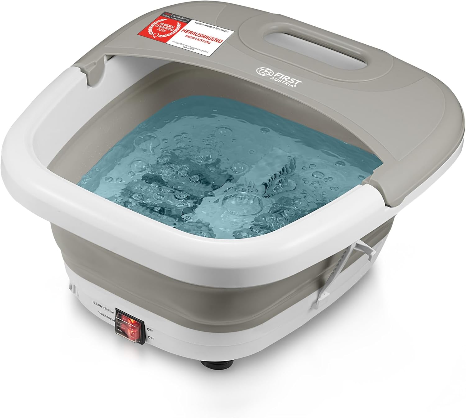 TZS First Austria - Foot Bubble Bath 500 W - Foot Massager with 3 Attachments and 8 Massage Rollers - Vibration & Bubble Massage Infrared & Heating Function - Foldable up to Size 47 - Grey
