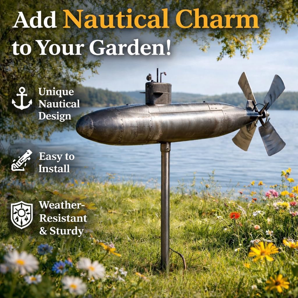 Submarine Wind Spinner, Wind Spinner Outdoor Garden Decor, Rotating Submarine Yard Spinner with Spin Blades, Motion Art Wind Sculpture for Patio, Propeller Windmill, for Patio Lawn Flower Bed (#2)