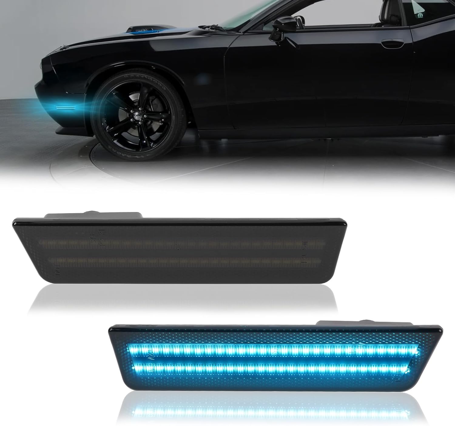 POPMOTORZ Ice Blue LED Side Marker Lights Assembly Compatible With 2008-2014 Dodge Challenger, 2011-2014 Dodge Charger Front Fender LED Bumper Side Marker Lights Lamps Smoked Lens 2PCS