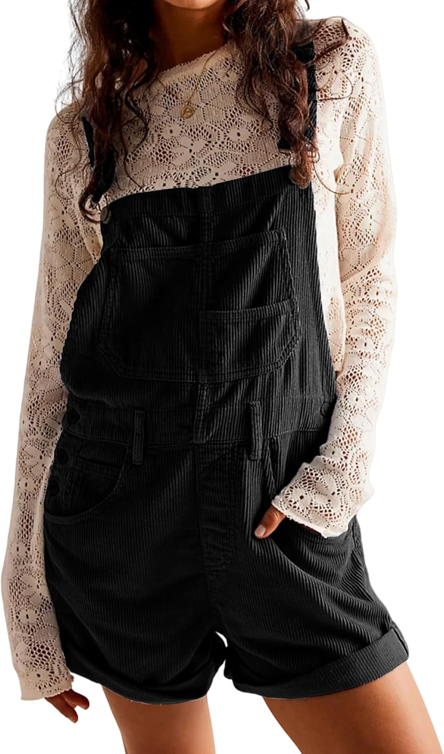 Women Corduroy Overalls Short Jumpsuits Adjustable Straps with Pockets Sleeveless Rompers