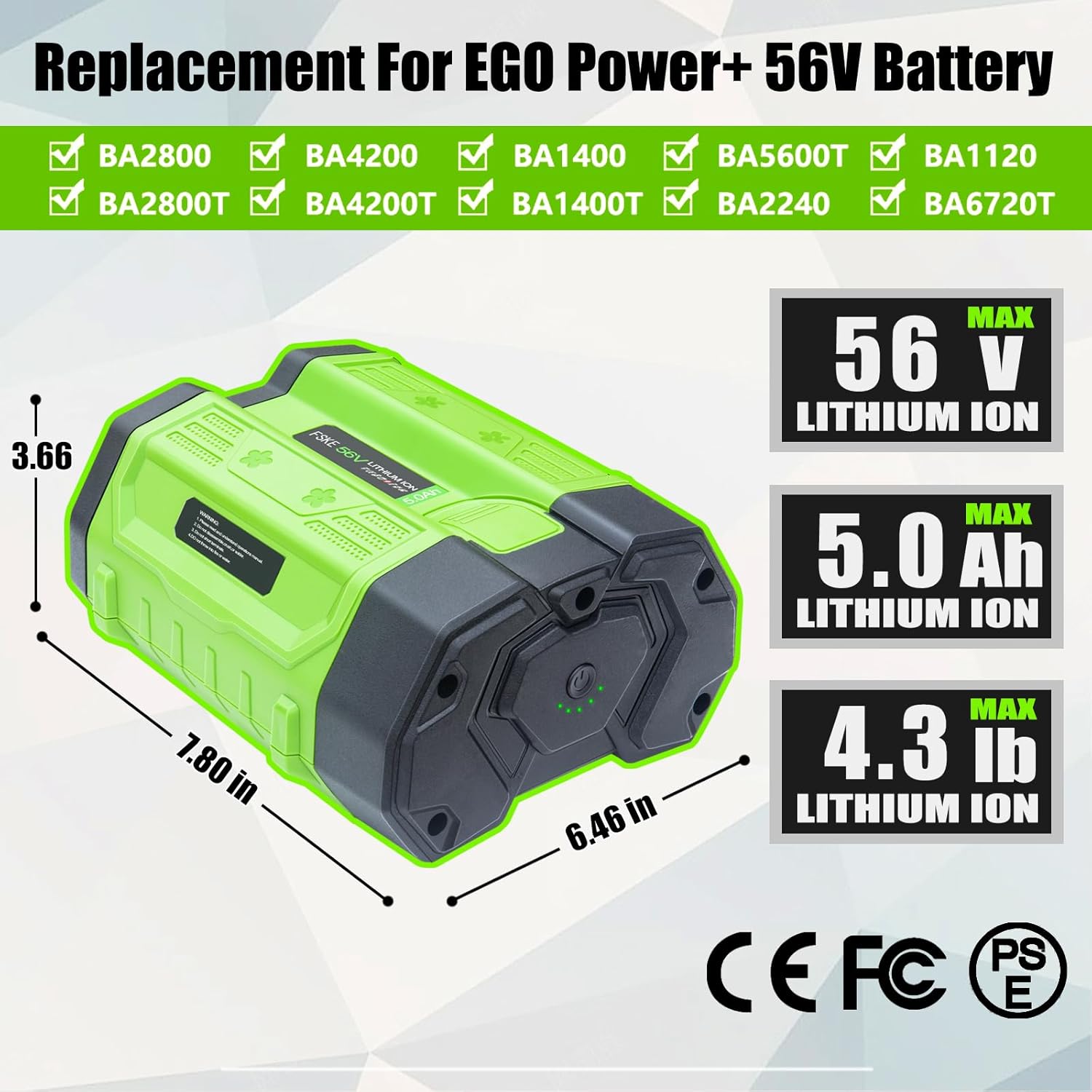 FSKE 56V 5.0Ah Replacement for EGO Battery BA1400T BA2800T - Compatible with EGO 56V Battery Power Tools