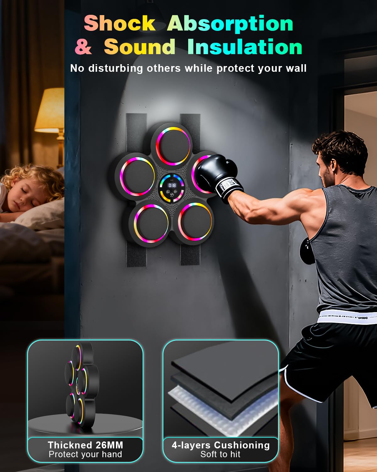 AONESY Musik-Boxmaschine für Erwachsene, 6+2 Ziele Bluetooth-Smart-Box-Trainingsgerät mit LED-Leuchten und Handschuhen, Musik-Boxmaschine mit 9 Modi und 9 Geschwindigkeiten für das Heim-Fitnessstudio