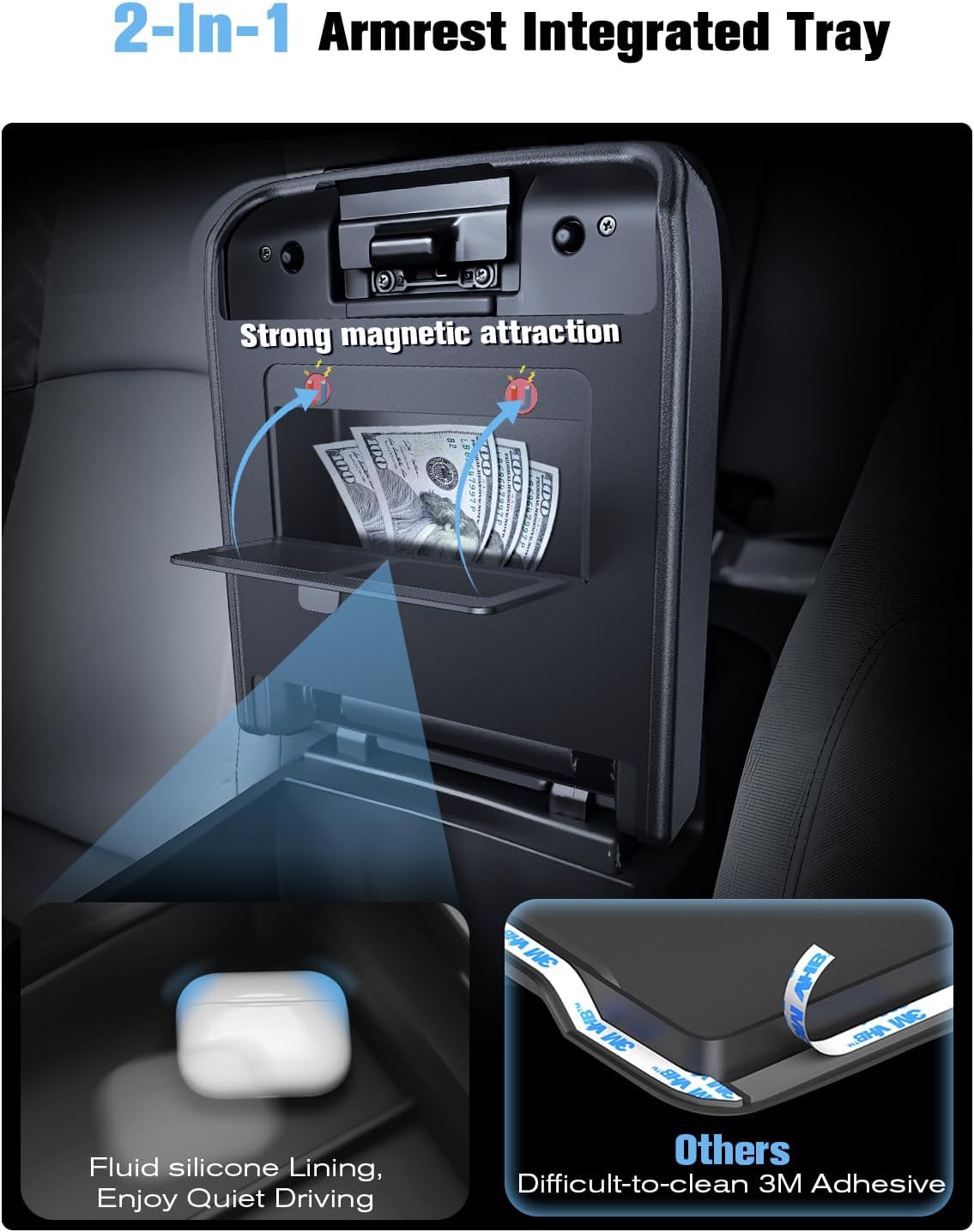 for 2024~2026 Toyota Tacoma (4th Gen Tacoma) 2-in-1 Silicone Center Console Armrest Cover& Armrest Hidden Privacy Tray - [OEM Design& Friendly Liquid Silicone Rubber] - Thin Black