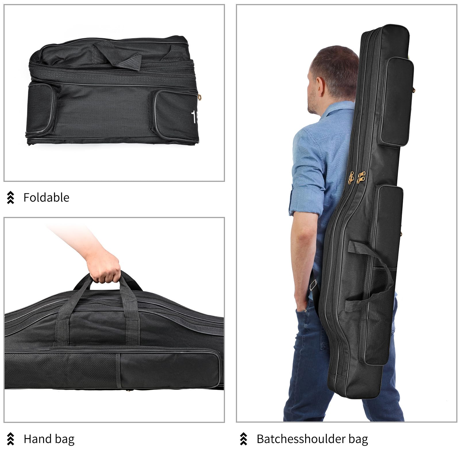 Plegable para caña de Pescar, con asa y Correa Ajustable para el Hombro, de Carrete de, para Hombres, Mujeres, niños, Agua Salada, al Aire Libre, Trucha, bagre, Black