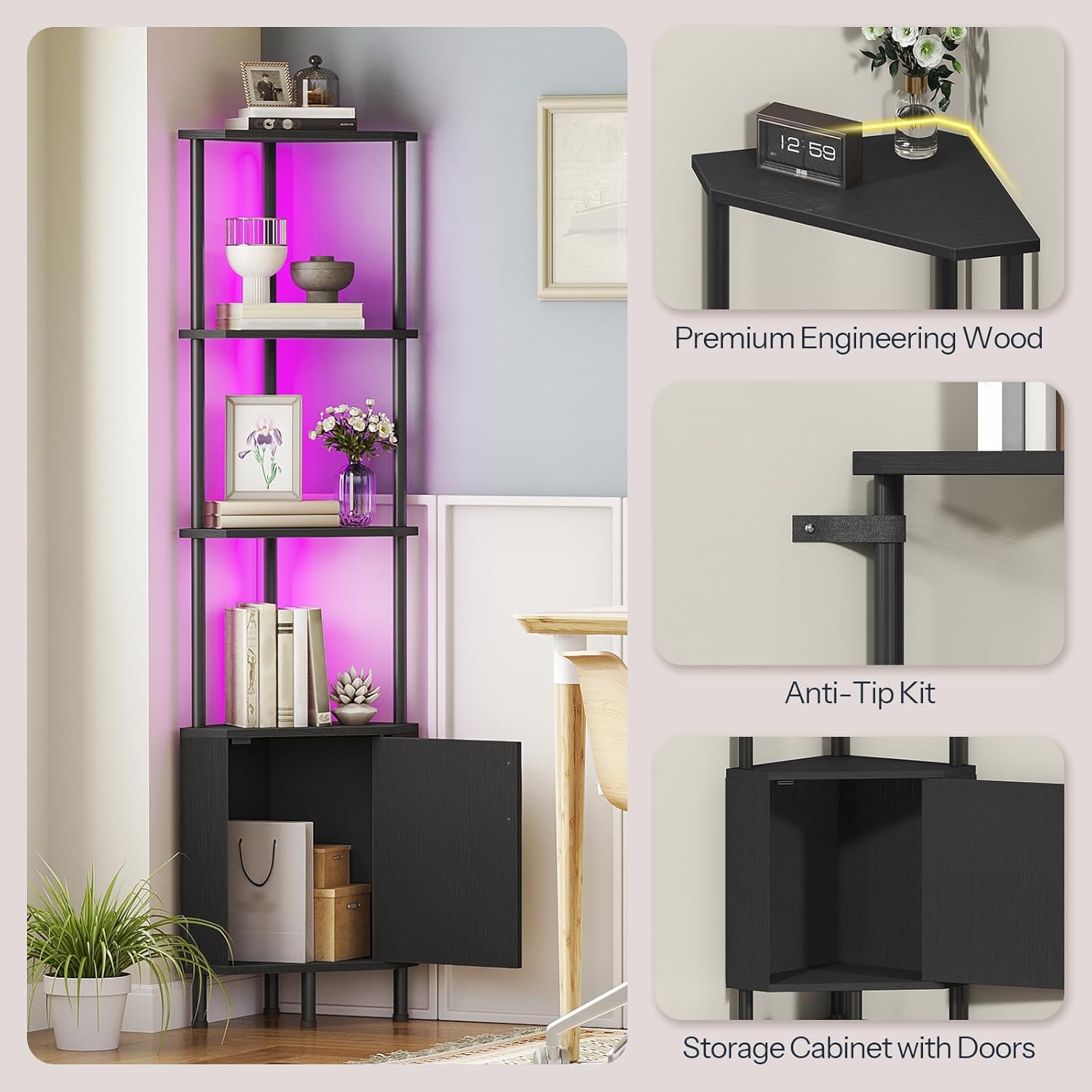 HOOBRO Corner Shelf Stand and Corner Cabinet Bundle, 59” Tall Display Rack Shelf, Fluted Corner Storage Cabinet with Door for Kitchen, Entryway, Living Room, BB147DCJ01-NL118CJ01