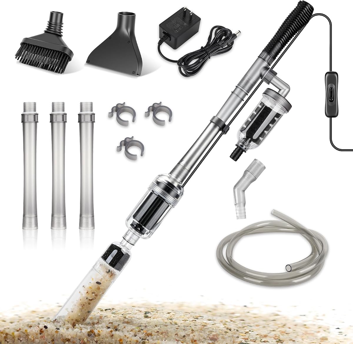 hygger Electric Aquarium Gravel Cleaner, 528GPH Fish Tank Vacuum, 5-in-1 Automatic Sand Washer Water Changer Cleaning Kit for Freshwater Saltwater, Adjustable Length Handle Tube,Hose, Clamp