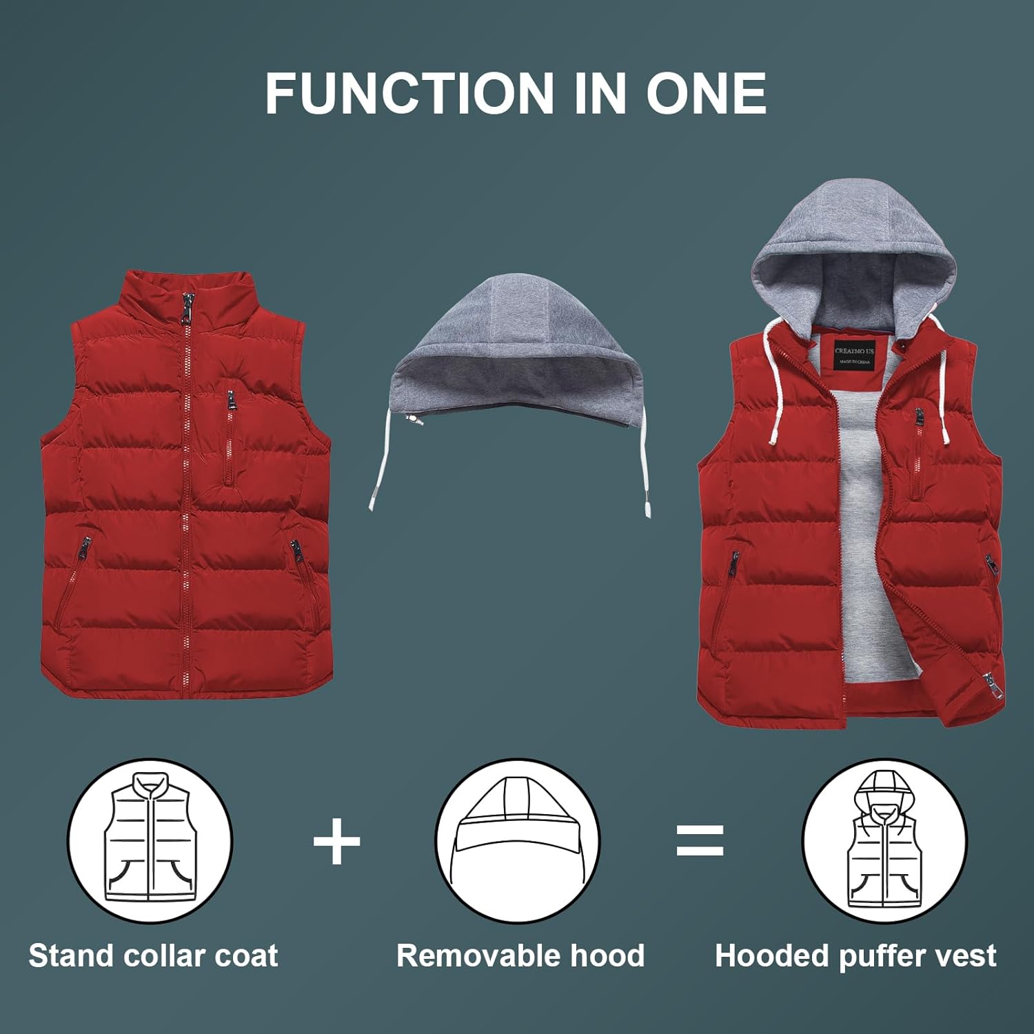 CREATMO US Women's Warm Vest Outerwear Thick Padded Puffer Sleeveless Vest With Detachable Hood - Image 3