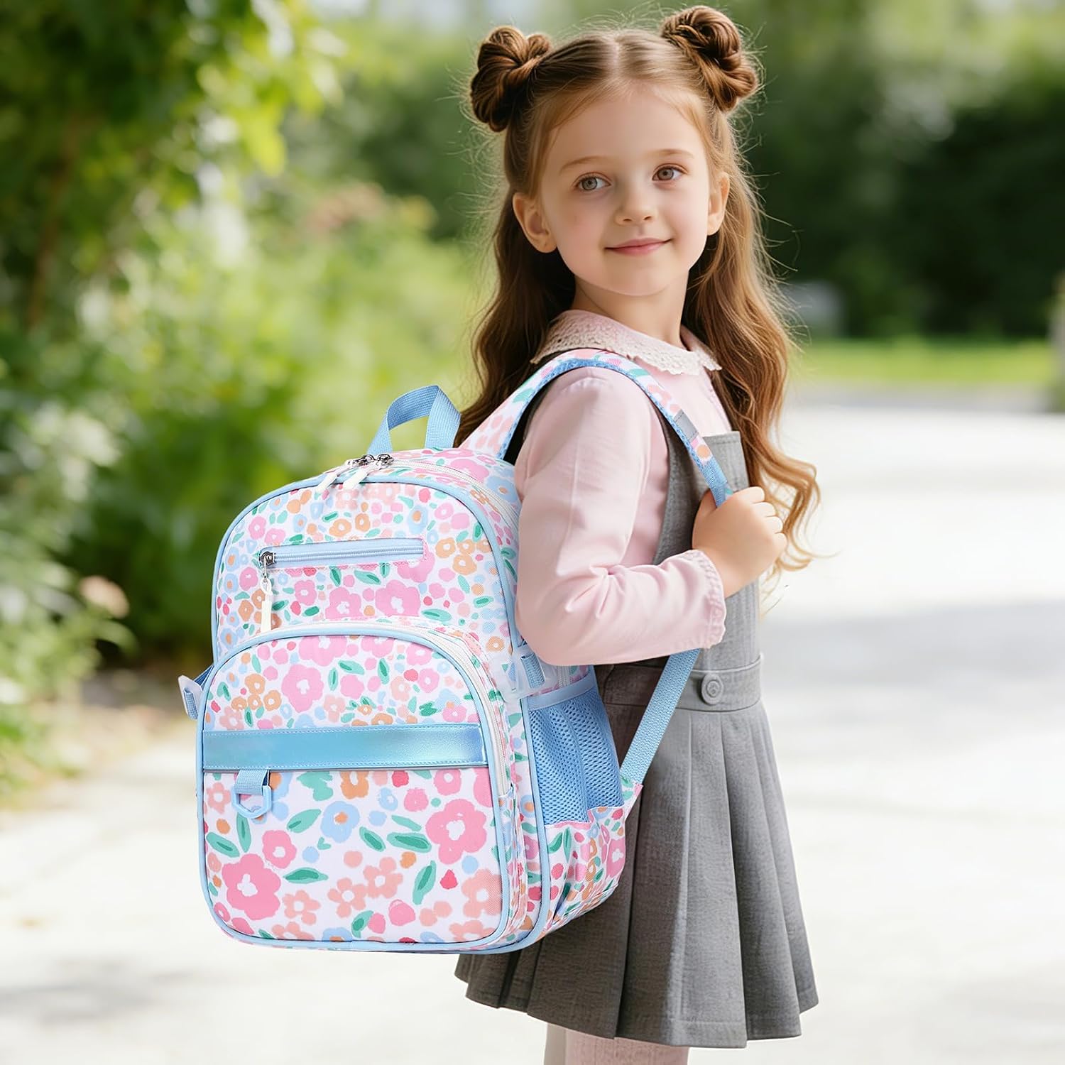 Toddler Backpack for Girls Ages 5-8, 3PCS Girls Backpack with Lunch Bag & Pencil Case - 15inch Kids School Bookbag for Preschool Kindergarten Elementary School (Flowers)