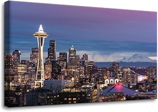 Pacimo Canvas Art Wall Decor City Seattle Skyline at Sunset Pictures Painting Prints Washington Cityscape Modern Artwork Decoration for Home Decor Stretch and Framed Ready to Hang 12"x18"