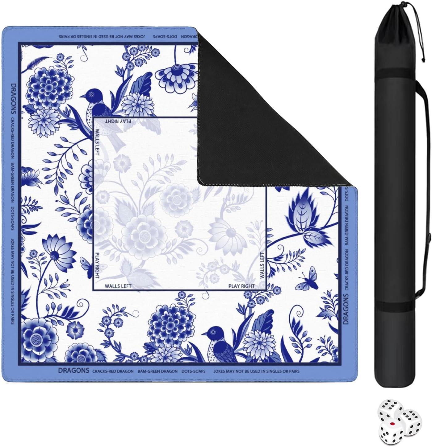 Flowers Mahjong Mat with Rules, 31.5*31.5in Anti Slip American Mahjong Mat for Table, Noise Reduction, Neoprene Mah jongg Mats with Carrying Bag & 3 Dices, Mahjong Supplies Gift, Board Tile Games Mats