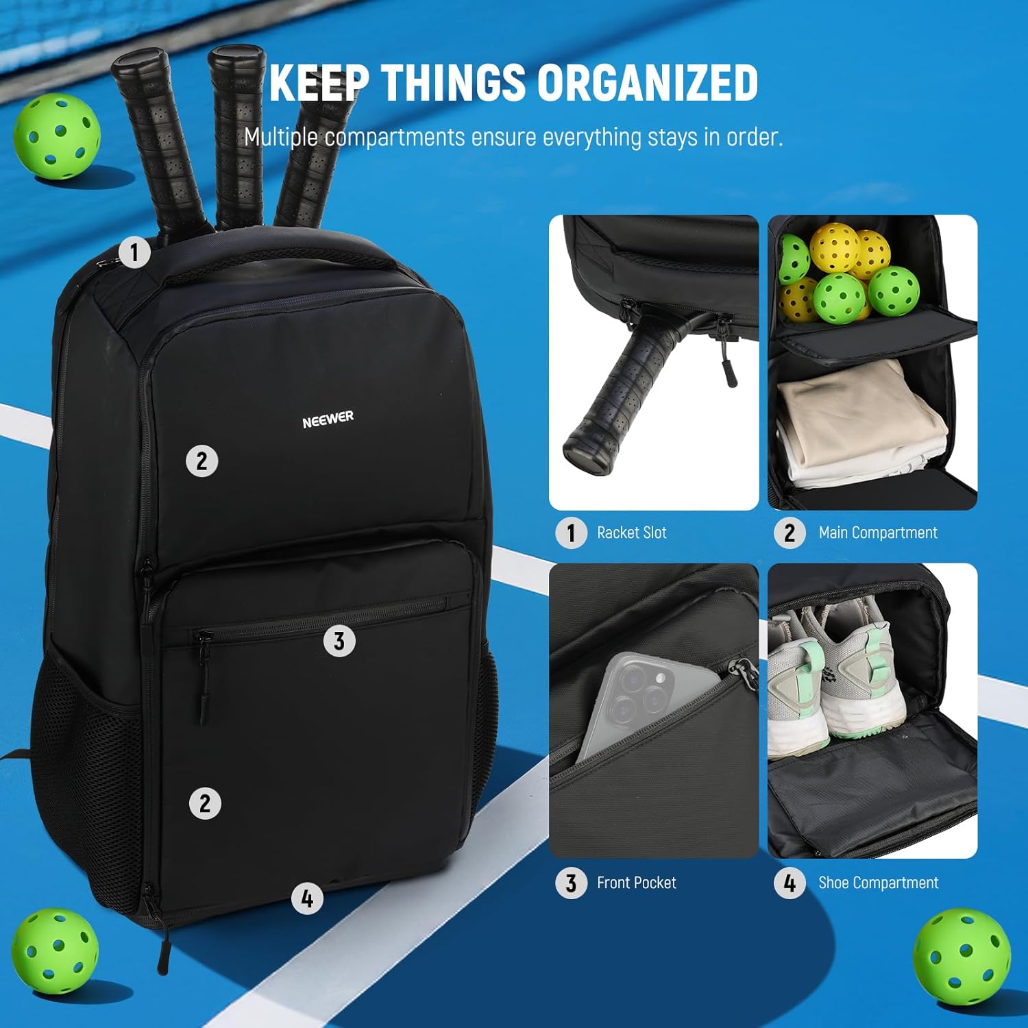 NEEWER Tennis Bag for Men/Women, Water Resistant Accessories Tennis Ball Pickleball Backpack with Shoe Compartment, Side Pocket - Image 2