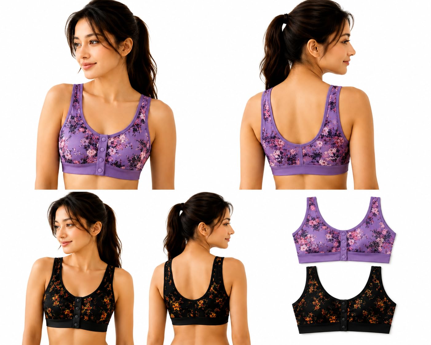 Women's Front Open Sports Bra Pack of 2 | Cotton Blend | Breathable | Removable Pads | Full Coverage | Wirefree | Floral Print | XL-image-15