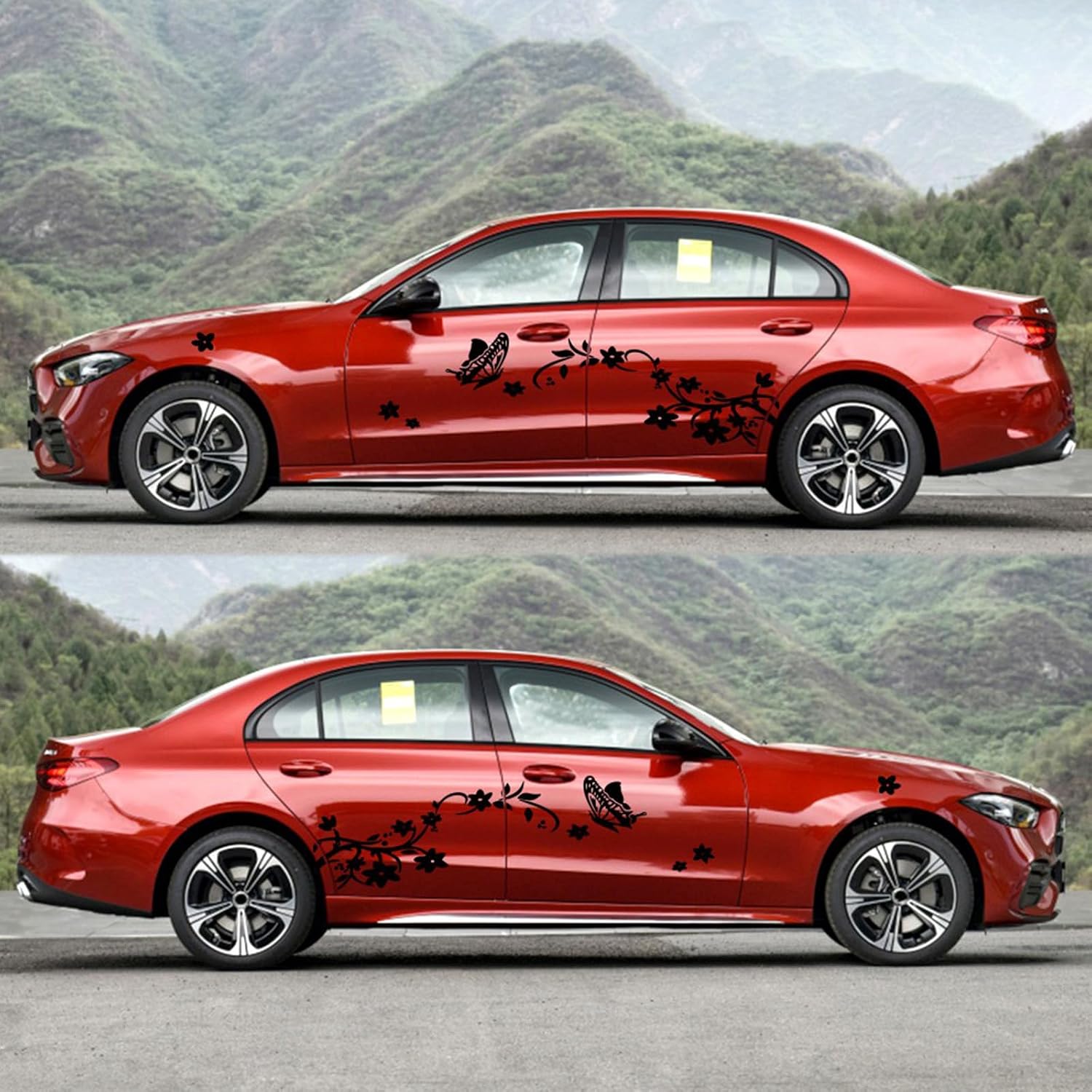 フラワーバタフライカーボディデカールフローラルグラフィックカーステッカー大型ビニール自己粘着装飾ステッカー車/トラック/SUV用、2