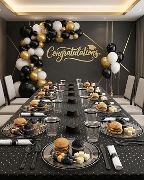 BESTVIP 350 Pcs Clear Black Plastic Dinnerware Set for 50 Guests | 100 Plastic Plates, 50 Cups, 50 Pre-Rolled Napkins with Cutlery for Graduation, Wedding & Halloween