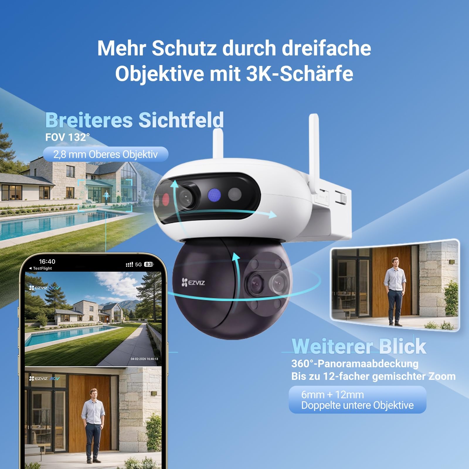 EZVIZ 4K Video Türsprechanlage HP7 Pro und Kamera Aussen C90f mit dreifachem 3K-Objektiv