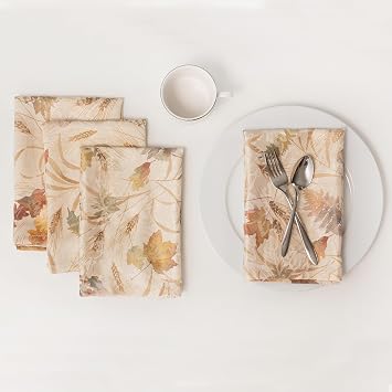 Benson Mills Autumn Jacquard Printed Fabric Cloth Napkins for Fall, Harvest, and Thanksgiving Tablecloth Natures Leaves, 18" x 18" Napkins Set of 4