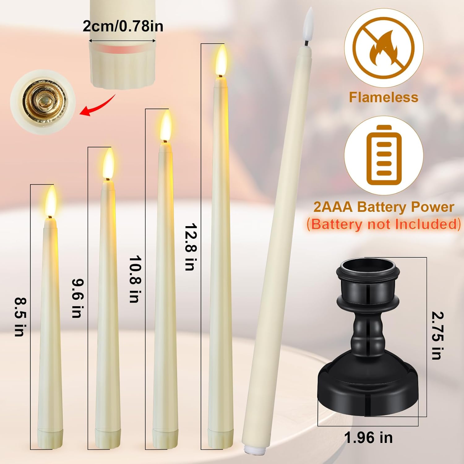 Rossesay 12 Pcs Flameless LED Taper Candles with Candlestick Battery Operated 8.5" 9.6" 10.8" 12.8" Flameless Flickering Candlesticks for Christmas Wedding(Black Holder & Ivory Candles)