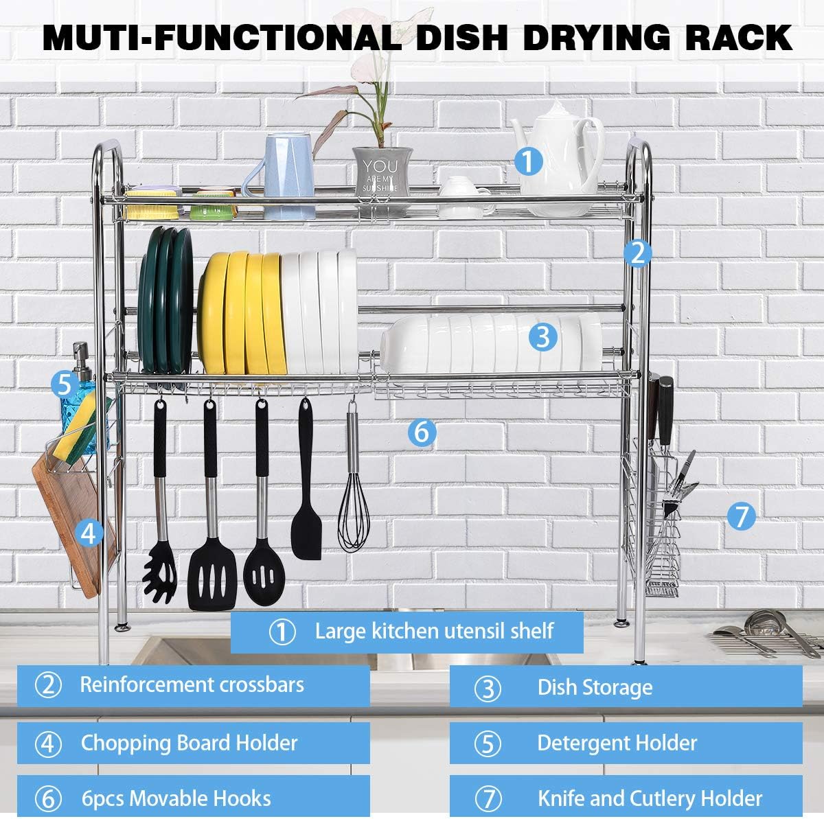 Buy 1 get 1 JSK Over The Sink Dish Drying Rack, 2-Tier Large Stainless Steel Non-Slip Dish Drying Rack for Home Kitchen Counter Storage, Silver(Sink Width Limit (Sink Size ≤ 33 INCH)
