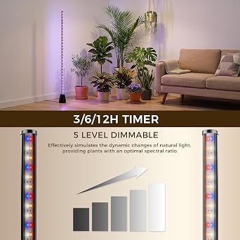 60 Inch Grow Lights for Indoor Plants, 24W 192 LED Full Spectrum Grow Light with 3/6/12H Timer, 3 Modes 5 Dimmable Standing Vertical Plant Light for Tall Plants/Flowering