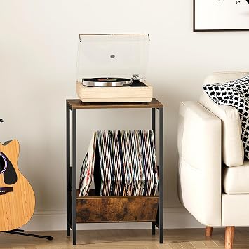 2 Tier Side Table, Record Player Stand with Storage of up to 100 Albums, Record Storage, Vinyl Record Stand, Brown Turntable for