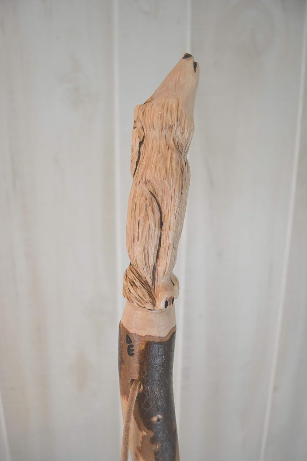 Dogwood Walking Stick with Wolf Carving, Kiln Dried 60" Hiking Staff