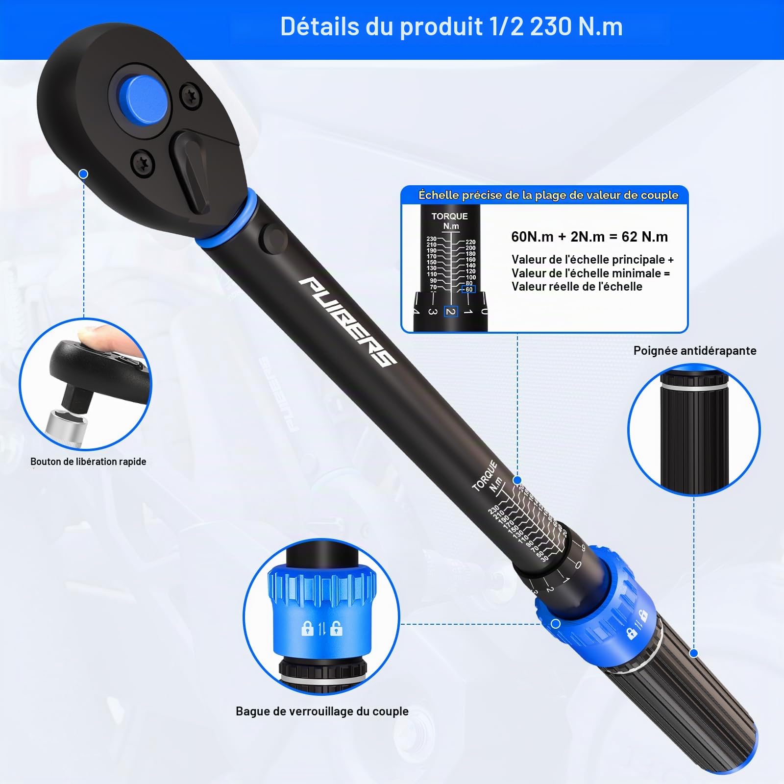 Cle Dynamometrique 1/2" Ensemble, 20–230 Nm Clé Dynamométrique Voiture, Adaptateur 3/8", Rallonge 5", Précision ±3%, 72 Dents Bidirectionnelle, pour Voitures, Motos, Camions