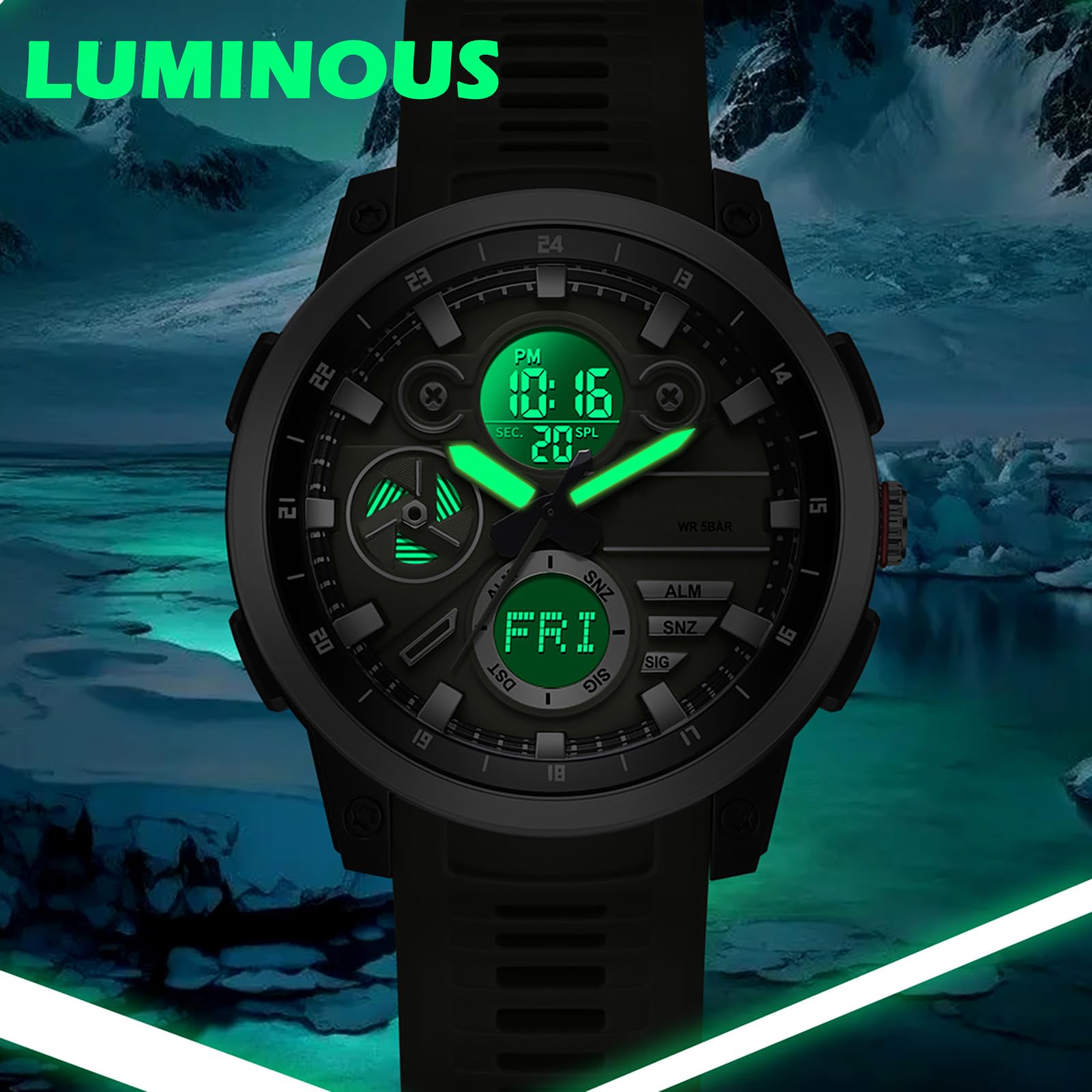 findtime Montre numérique étanche pour homme avec double fuseau horaire, alarme, chronomètre, analogique et numérique, pour garçons et adolescents