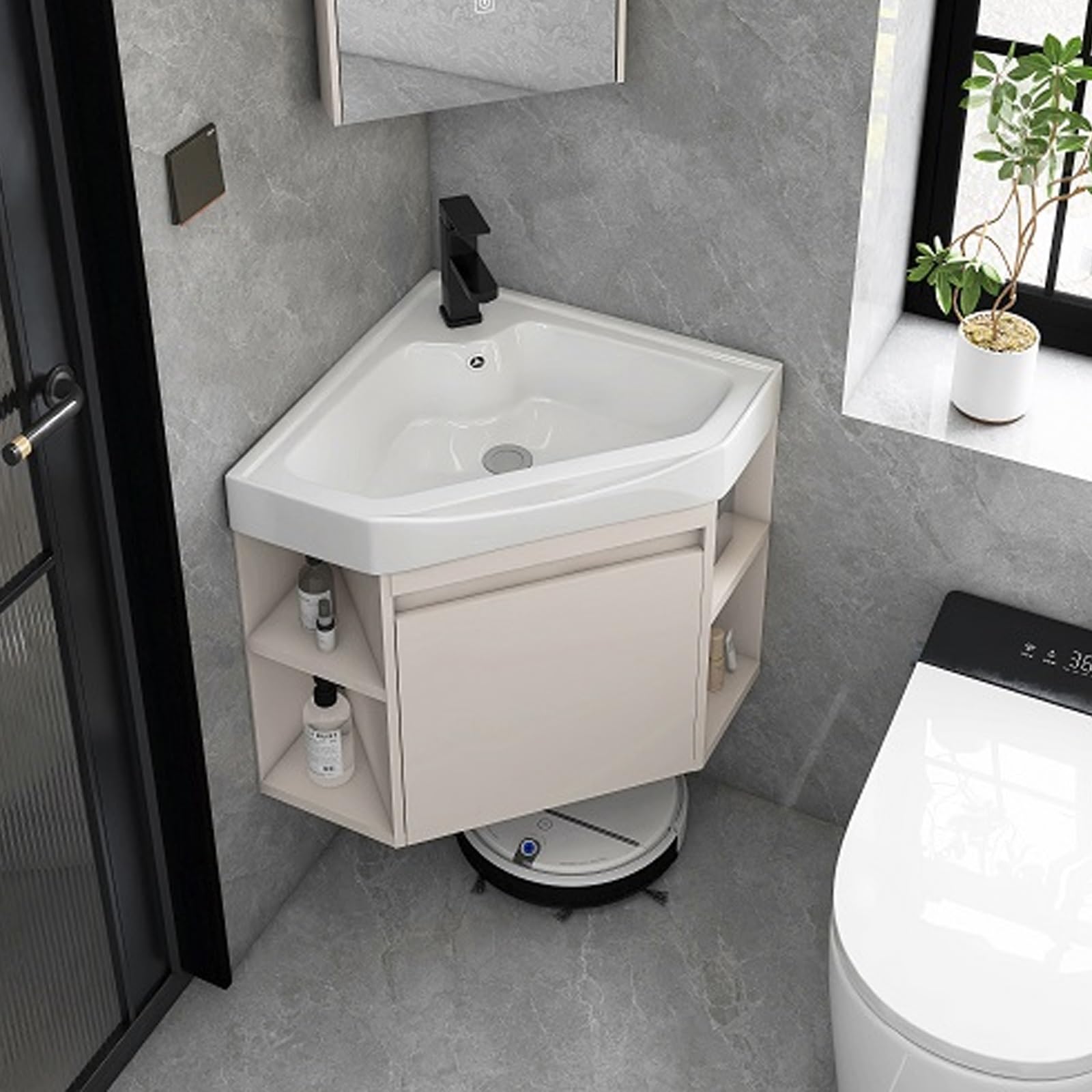 SGKOMN Small Bathroom Vanity with Ceramic Sink, Floating Vanity Bathroom Narrow Depth Vanities, Wall Mounted Compact White Vessel Sink, Hot and Cold Faucet Drain, 38cm/15