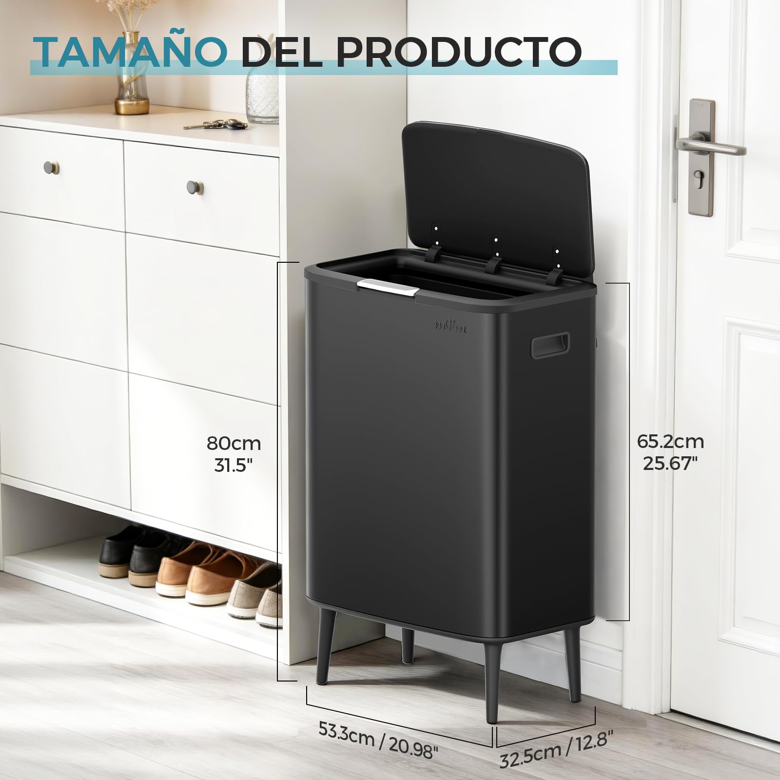 mVm Cubo de Basura Cocina 65L de Acero Inoxidable con Cubo Interior y Cubo Auxiliar 5L, Tapa Push Soft Close, Soporte Elevado