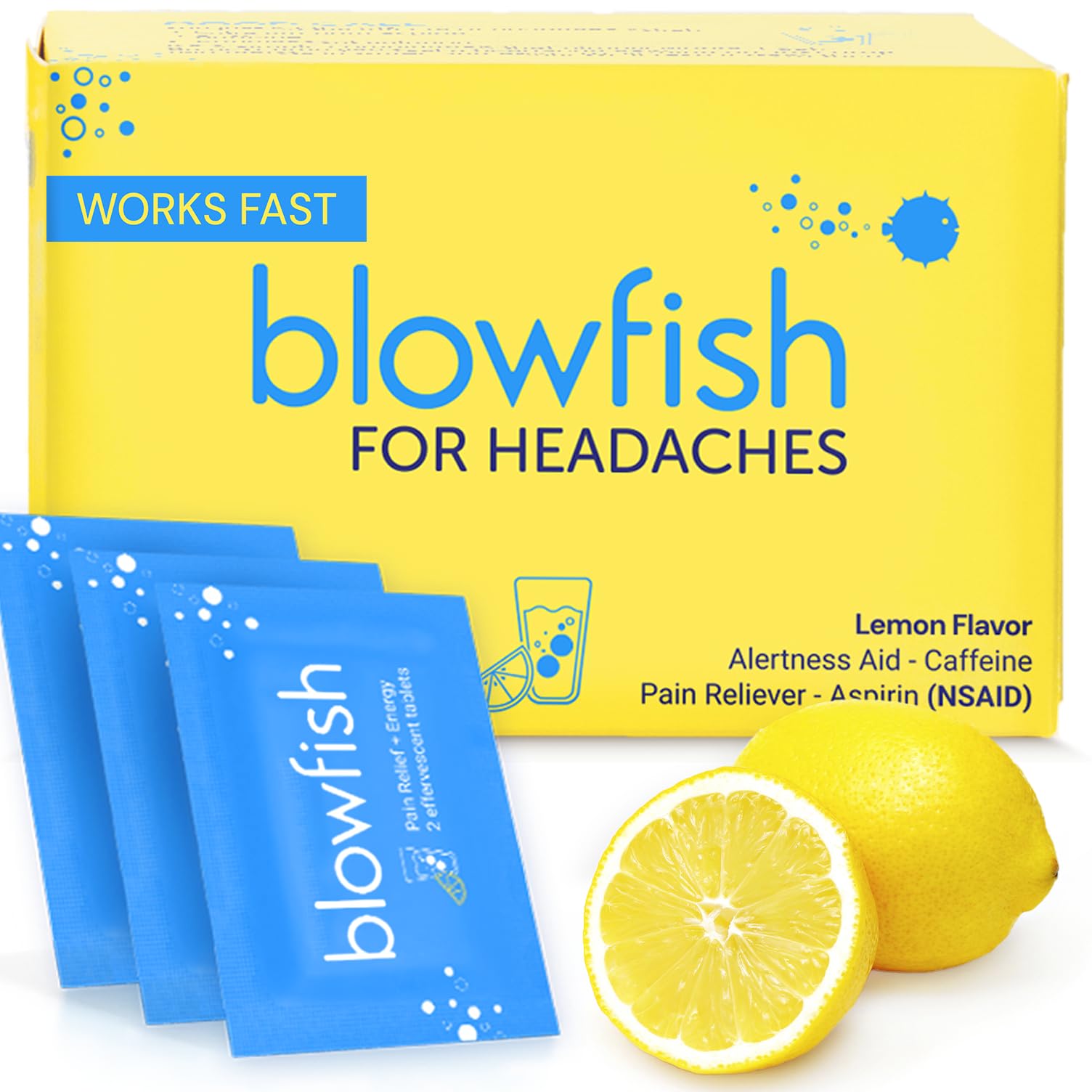 Blowfish for Headaches | Maximum Strength Effervescent Pain Relief Tablets – Treats Headaches Fast, 2X Faster Than Pills – Lemon Flavor (1 Pack)