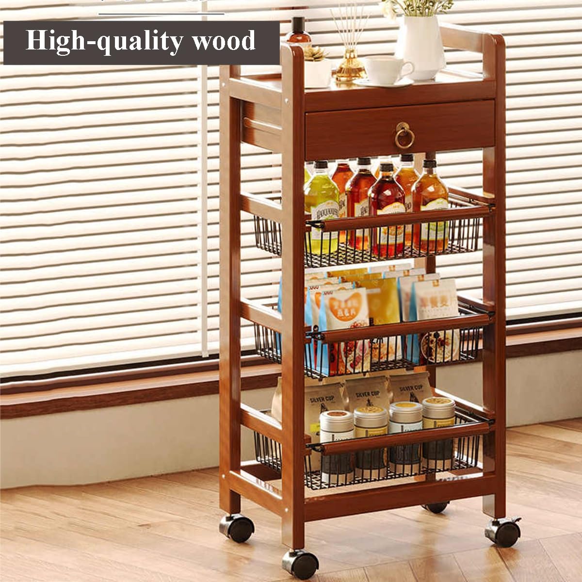 Carrello Portaoggetti Con Ruedas Compacto Con Cestas Extraíbles Y Superficie De Madera Organizador Móvil De Almacenamiento Para Cocina Con Asa Para Espacios Reducidos(4-Tier)
