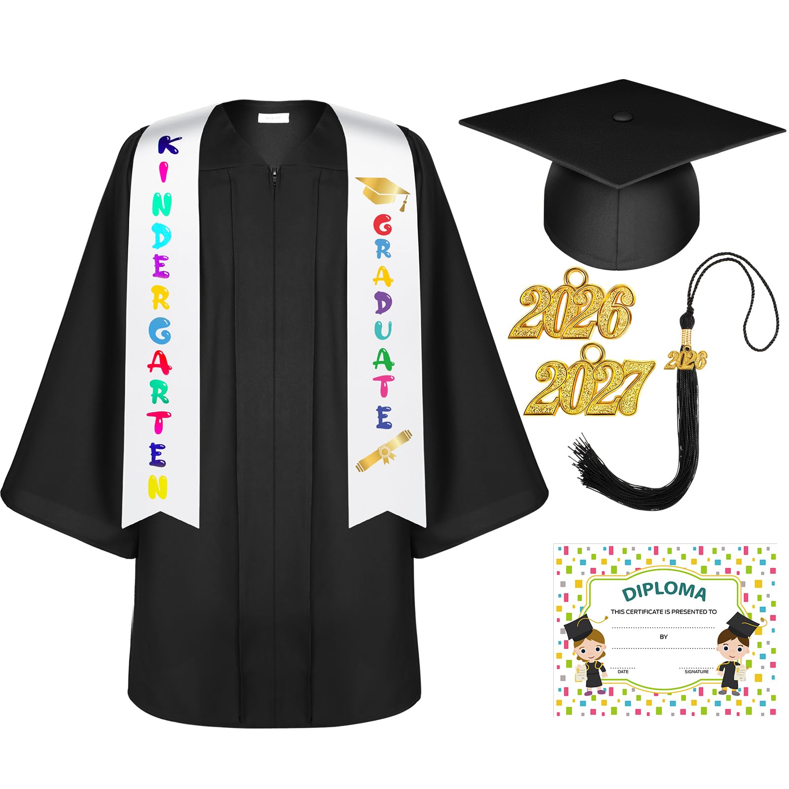 Lasnten Unisex Matte Kindergarten Graduation Gown Cap Tassel Set with 2026/2027 Charm Printed Stole for Kid Grad Gift