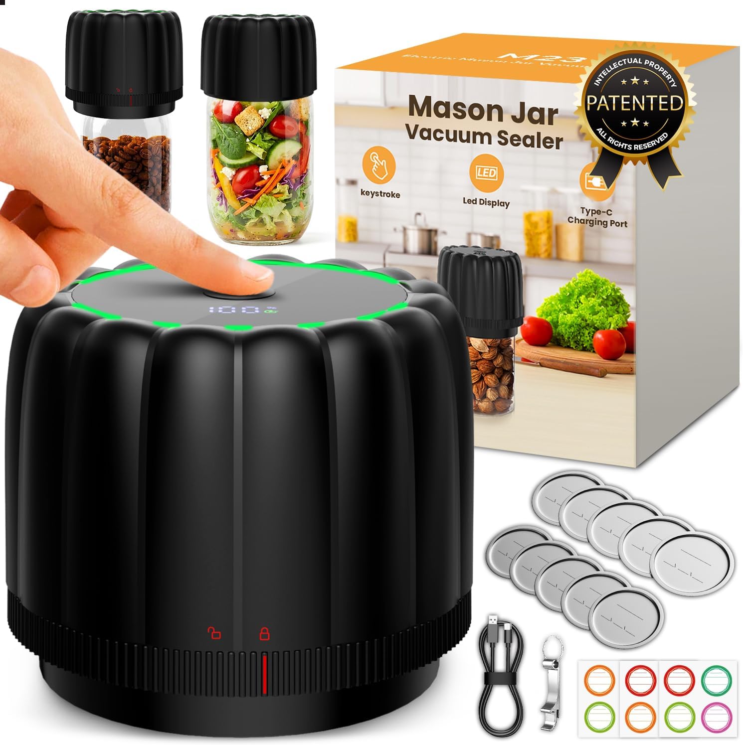 Upgraded Electric Mason Jar Vacuum Sealer Kits for Regular and Wide Mouth Jars with 10 Lids, 80kPa Vacuum Pump Auto Canning Sealing Machine with 2500mAh Battery for Food Storage Reducing Waste