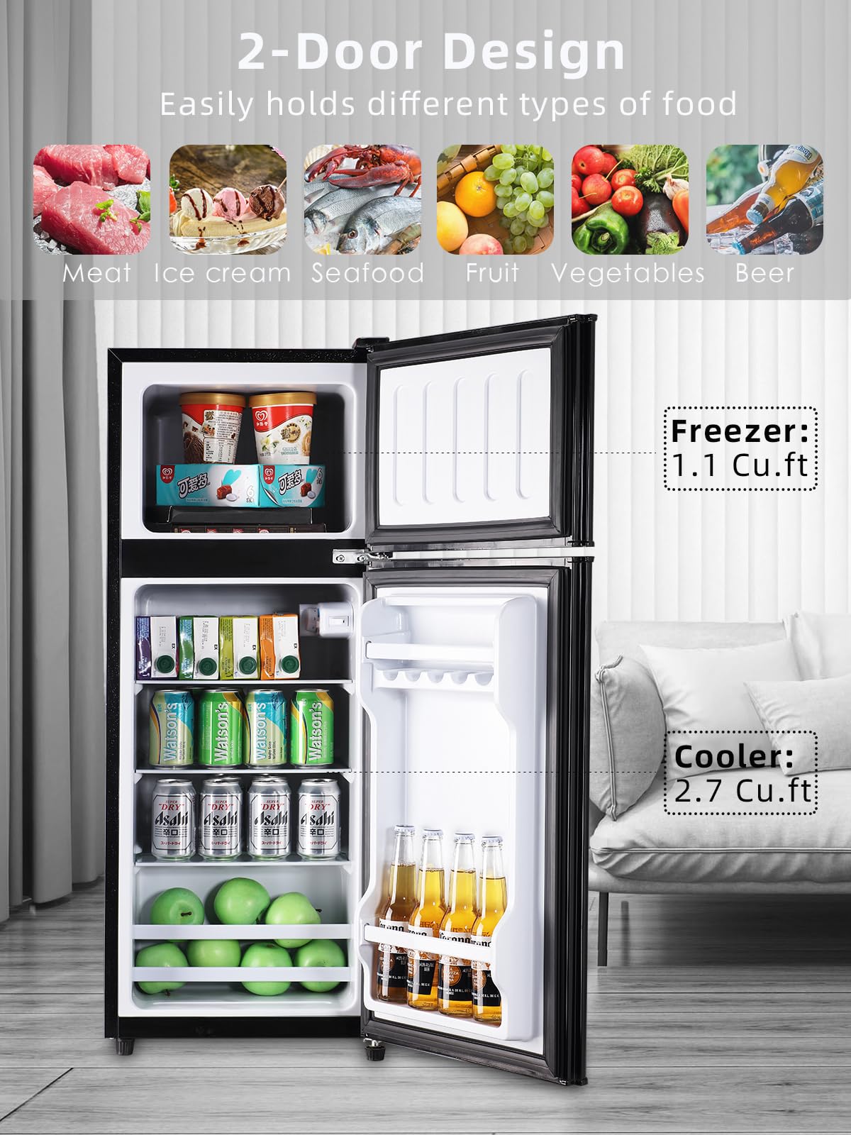 Krib Bling 3.5 Cu.Ft Refrigerator 2 Door 7 Level Adjustable Thermostat Control Top-Freezer Refrigerator Lock Fresh Energy Saving Blue on Fridge.com - View 2