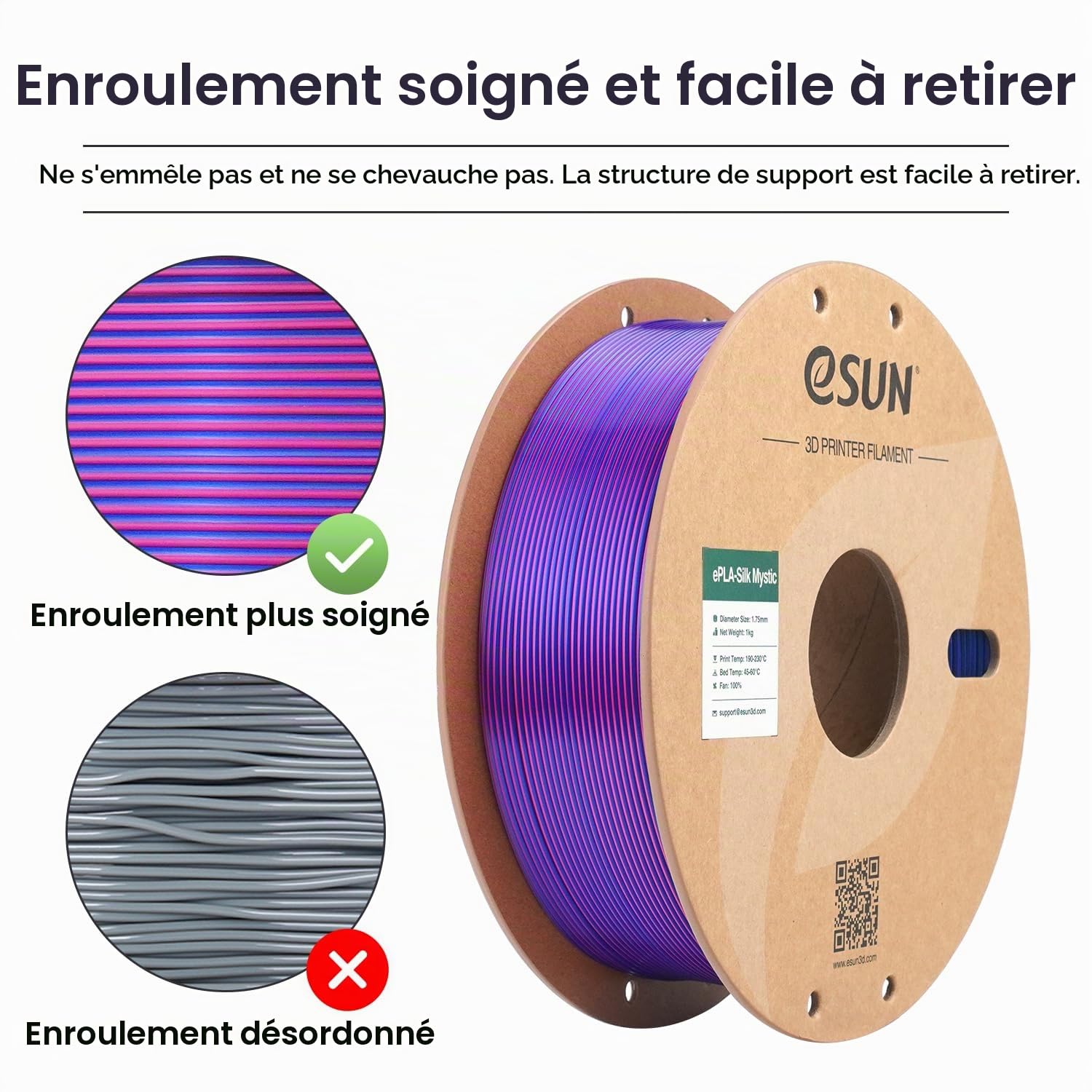 eSUN PLA Tricolore Soie Filament 1.75mm 1KG pour Imprimante,Rouge Vert Bleu