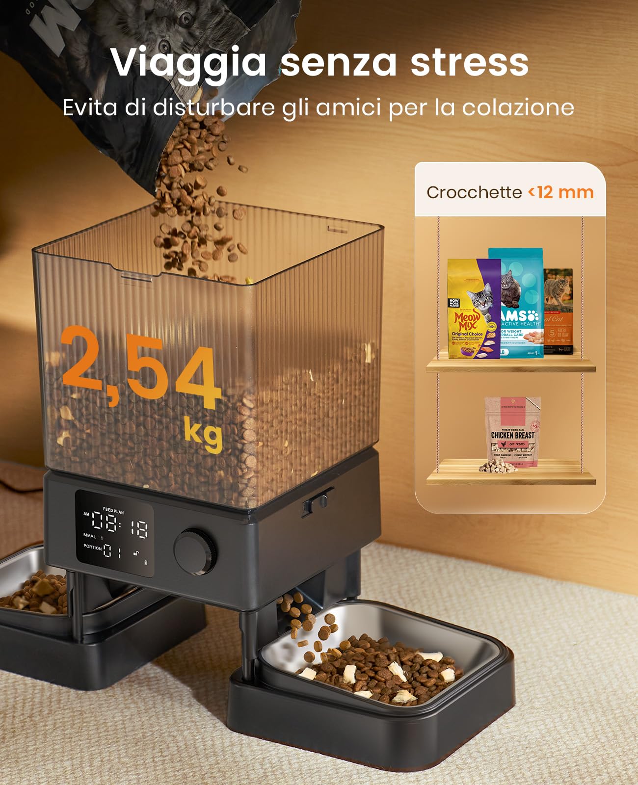 oneisall Distributore Automatico Cibo Gatti 5L 2 Mangiatoia Automatica One Button per Cani, con Ciotola in Acciaio Inox, Registratore Vocale