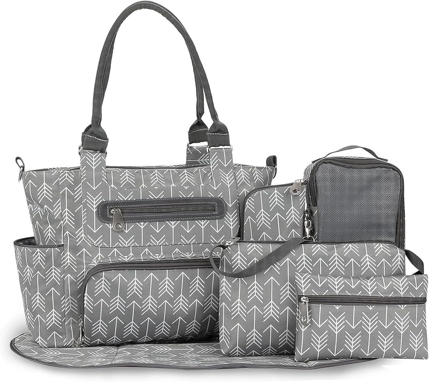 KOCASO Multifunctional Baby Diaper Bag Set - 8Pcs Baby Nappy Diaper Bags for Mom and Dad,Diaper Tote with Bottle Bag, Mesh Bag, Purse, Diaper Pad, 2 Burp Cloths, 2 Hook Straps(DarkGrey)