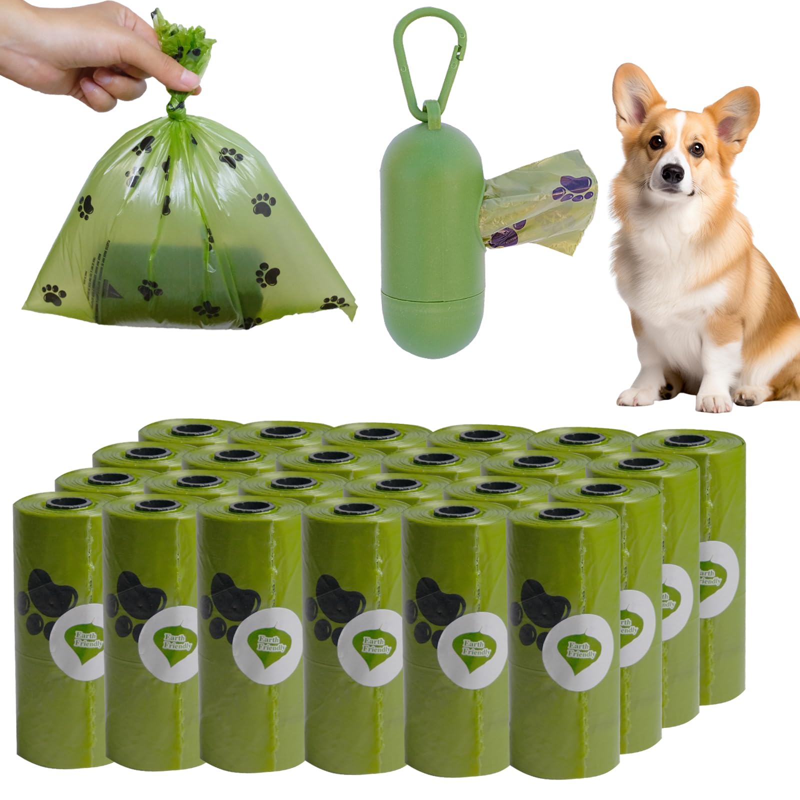24 Rolls of Poop Bags, 360 Pieces, Waste Bags with Clip and Dispenser, 100% Leak Proof, Durable and Strong, Biodegradable