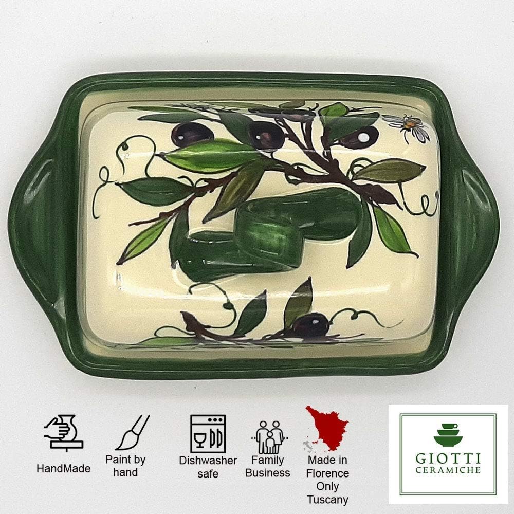 Italian Ceramic Butter Dish With Lid for Kitchen 8'x 5' Butter Container for Counter Hand Painted With Brush, Decoration With Olive Branch, Produced by Giotti Ceramiche Made in Italy, Handmade Pottery