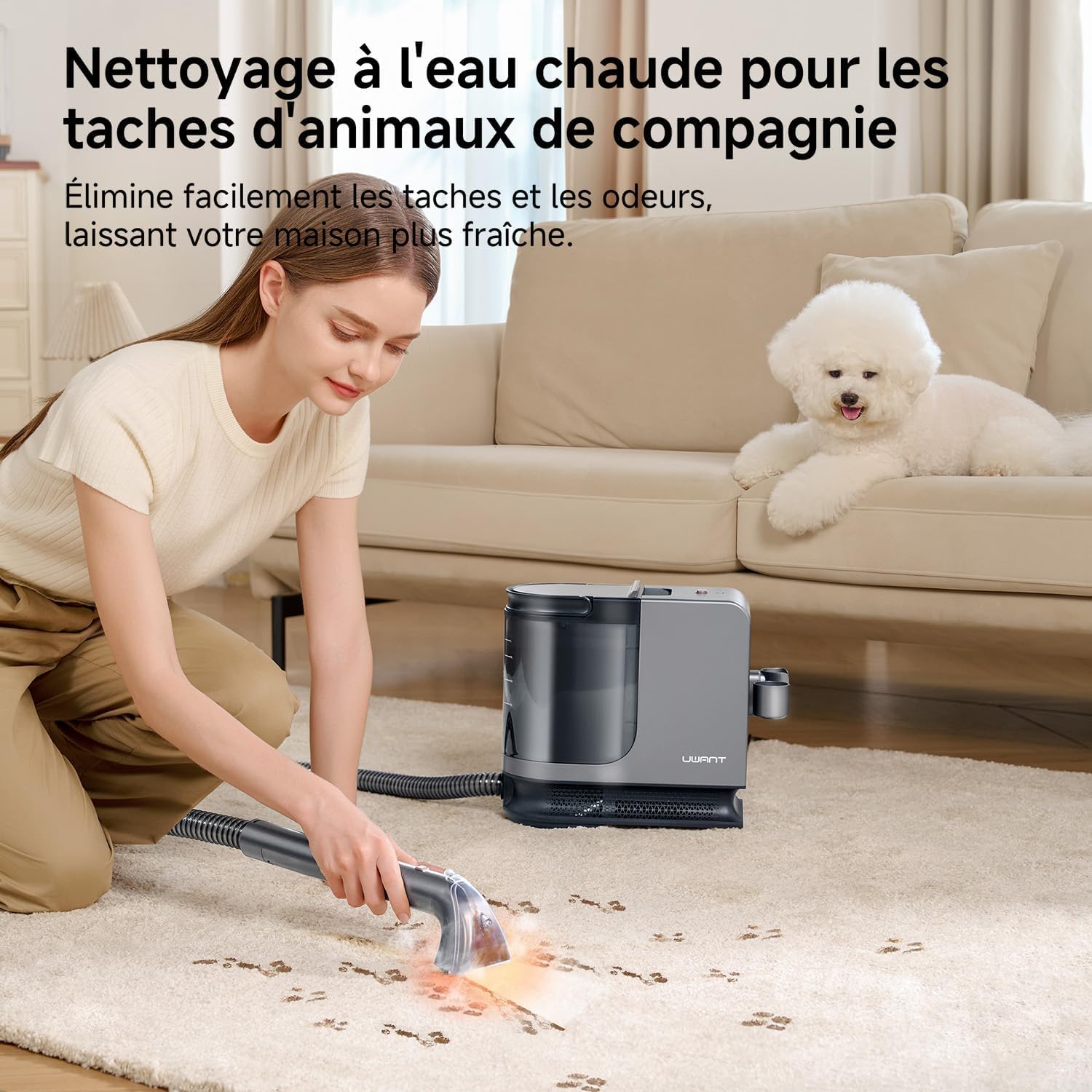 Uwant B400 Vapeur et Chauffage Shampouineuse Canapé Professionnel ，Aspiration Puissante 18Kpa，Portable avec 4 Accessoires,Nettoyeur Canapé Tissus 2-en-1 pour Tapis Set of 1,Meubles, Tissus, Voiture