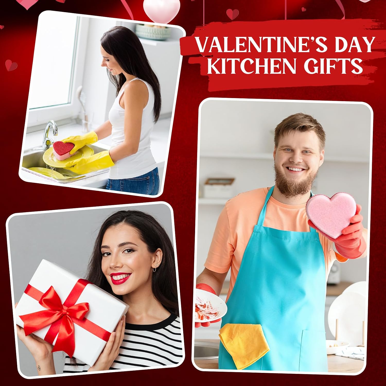 Breling 6 Pcs Heart Shaped Scrub Sponges Valentine Gifts Dual-Sided Kitchen Sponge Heart Kitchen Scrubber for Washing Dishes Pots Pans Household Bathroom Cleaning(Red) image 4