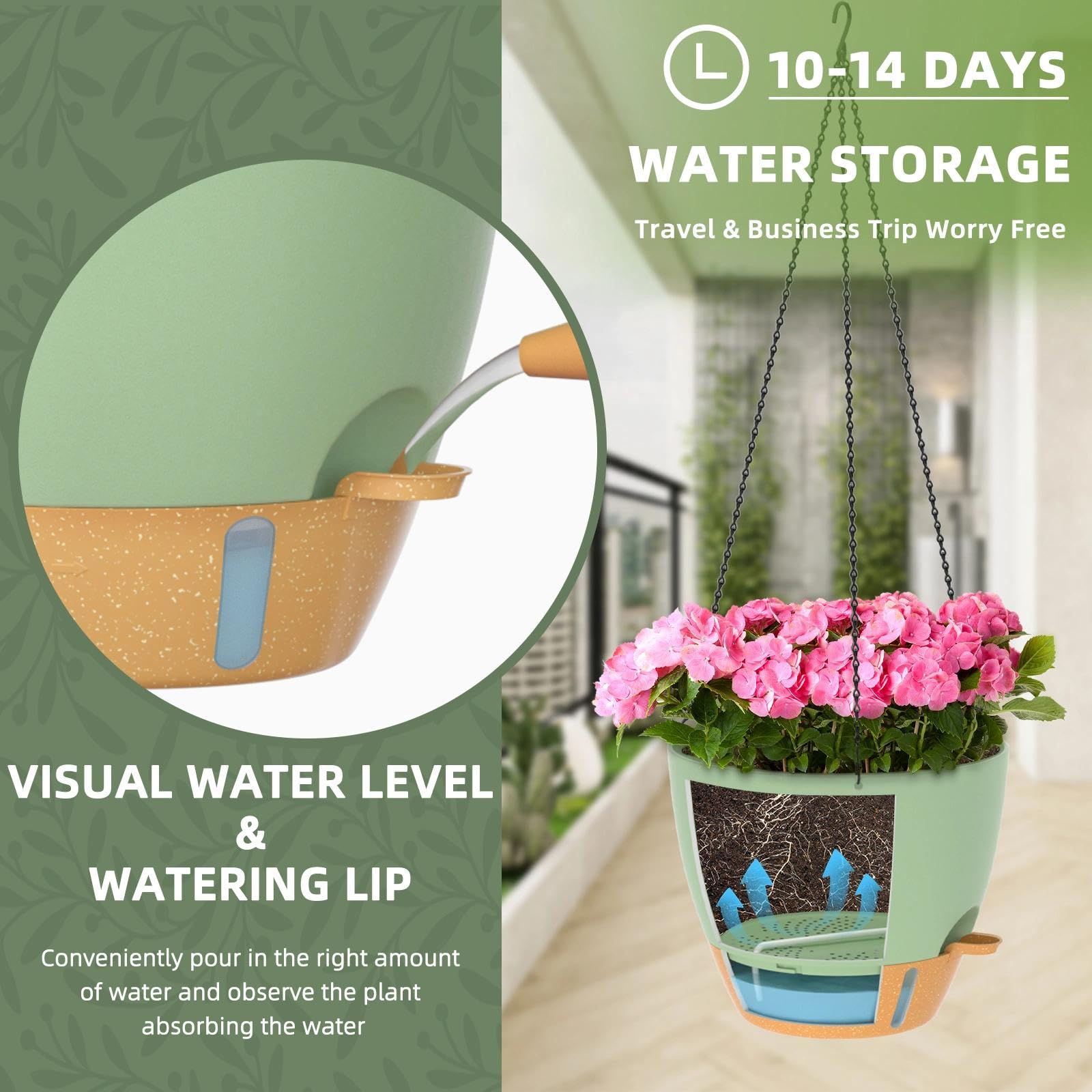 ZMTECH 1 Packung 30,5 cm hängende Pflanzgefäße mit Bewässerungslippe, selbstwässernder Blumentopf mit Drainagelöchern und abnehmbarem Untersetzer, Kunststoff-Blumentopf für Innen- und Außenpflanzen