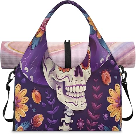 Sugar Skull Flowers Yoga Mat Bag for Dance Workout with Yoga Strap & Shoes Compartment Floral Gym Duffle Bag for Women