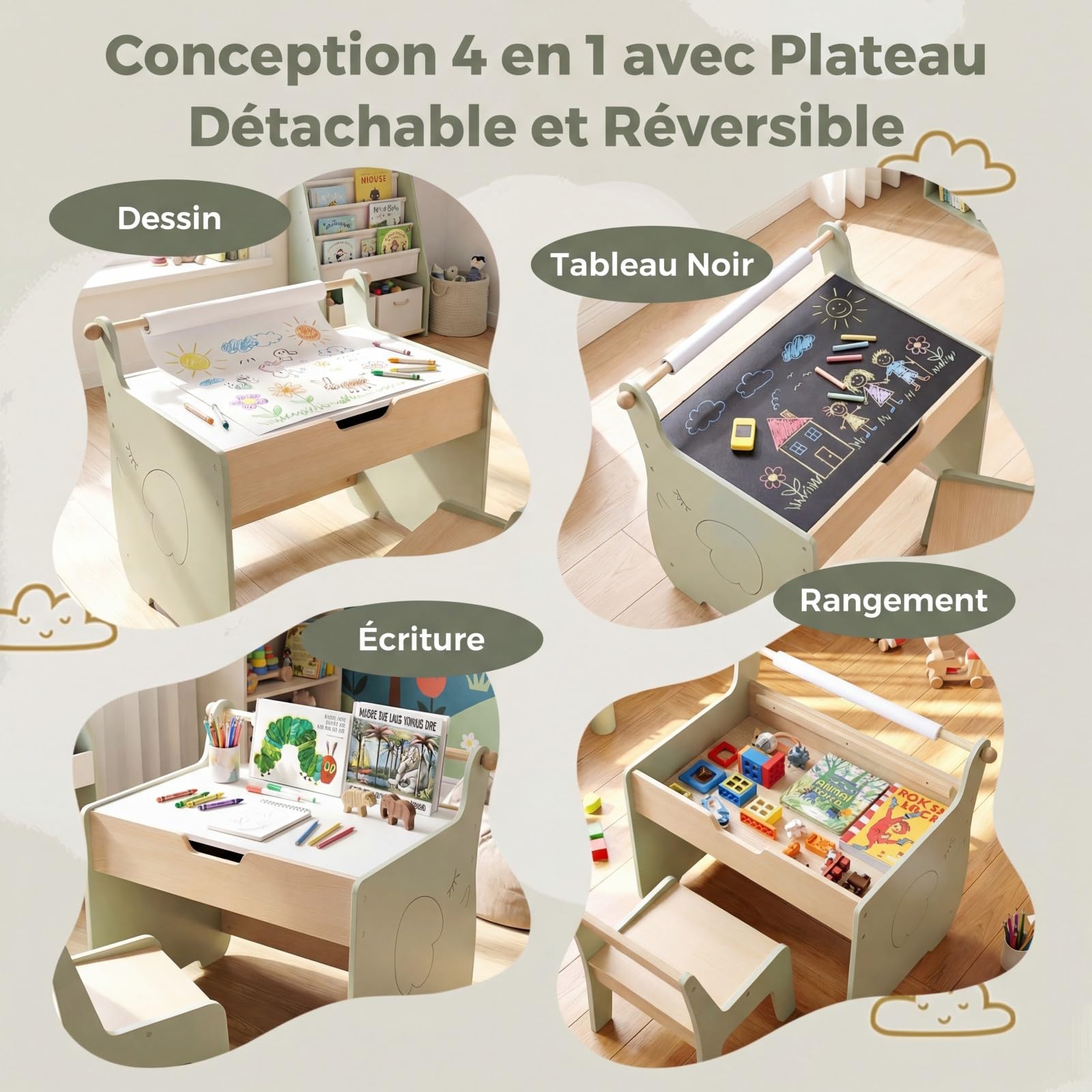 COSTWAY 4 en 1 Table Enfant avec Chaise en Forme d'Eléphant, Table et Chaise en Bois avec Tableau Amovible & Porte-Rouleau de Papier, Charge 40/100 kg