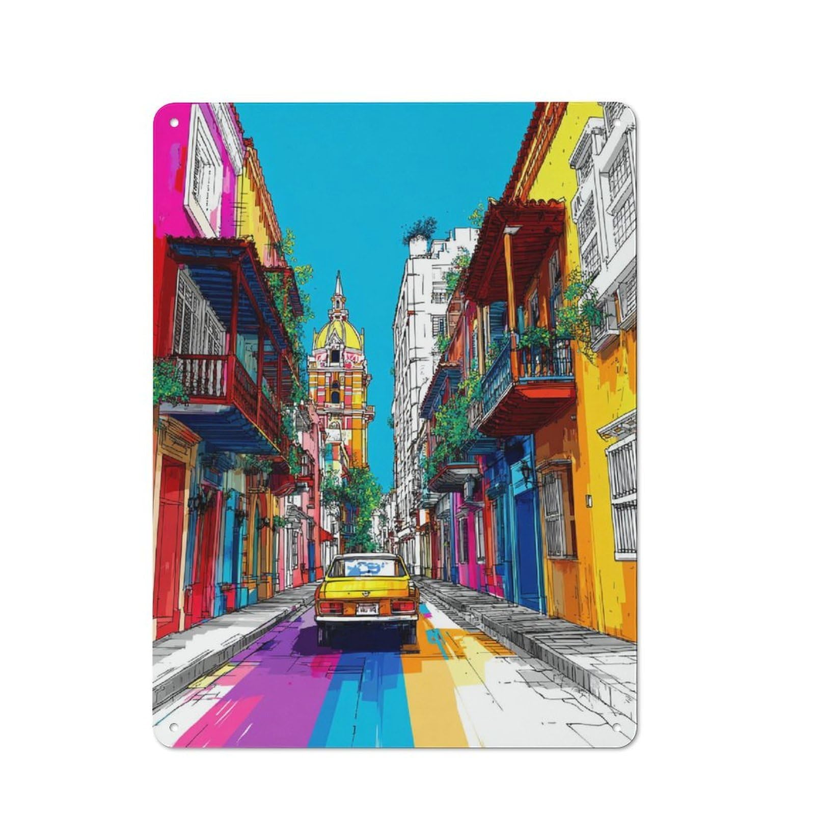 Junmoney Colorful Street Scene With Car Metal Wall Sign 40X30cm Featuring For Pub Or Café, For Pub Decor Enthusiasts, For Retro Home Interiors