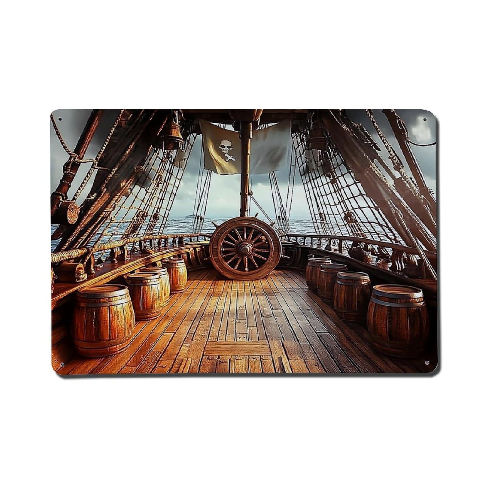 Jdfenggu Vintage Pirate Ship Deck With Barrels Retro Metal Tin Sign, Metal Poster For Bar, Home, Man Cave, Kitchen, Laundry Room Art Decor 8X12 Inch