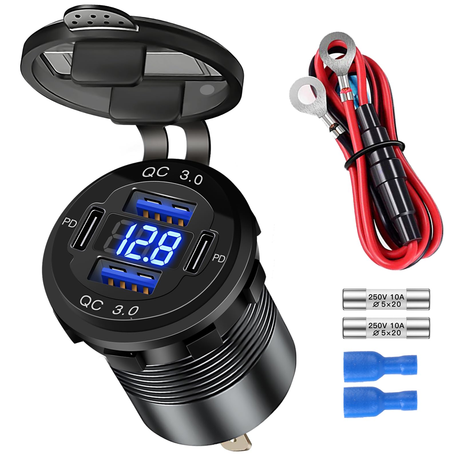 4 Port 12V USB Outlet Aluminum Car Charger with Voltmeter, 78W Fast Charge Dual PD3.0 & QC3.0 Multiple USB Port for Car, Marine USB C Socket Cigarette