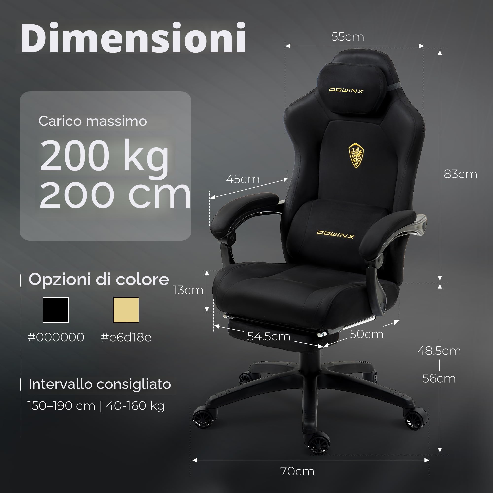 Dowinx Sedia da gaming, ergonomica, con cuscino lombare, poggiatesta regolabile in altezza, cuscino ispessito, poggiapiedi allungabile, braccioli regolabili, velluto in microfibra